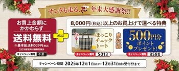 年末大感謝祭！！送料無料+ほっこりチェックトートバッグまたはポイントプレゼントキャンペーン実施中！