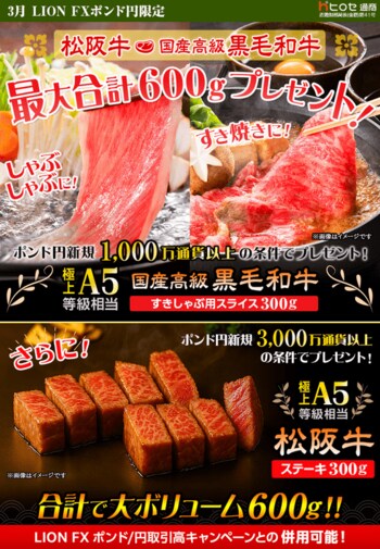 LION FXポンド円限定 松阪牛・国産高級黒毛和牛最大600gプレゼント!を実施！