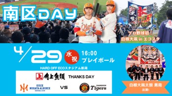 【オイシックス新潟】4/29(水・祝)の阪神戦にて「南区DAY」開催決定！プロ野球初の”白根の大凧”をエコスタのグラウンドで掲揚