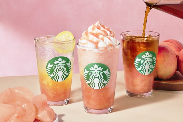 スタバ新作 完熟ピーチをふんだんに使ったドリンク3種登場！「とろっ」「しゅわっ」「ごろっ」桃の魅力を楽しめること間違いなし♪