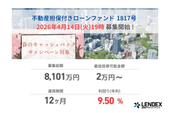 【LENDEX】年利9.5%の不動産担保付きローンファンド 1817号、本日、募集開始のお知らせ