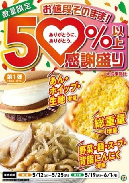 お値段そのまま50%以上増量！セブン-イレブン「感謝盛り」が5月12日から開催 ホイップが2.4倍の生どら焼きやたまごサンドも