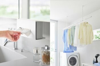 【山崎実業 新商品のお知らせ】必要なときだけ物干しスペースをつくれる天井吊り下げポールホルダーや、マグネットで洗面戸棚下に浮かせて設置できるティッシュケースなど、新商品が発売になりました。