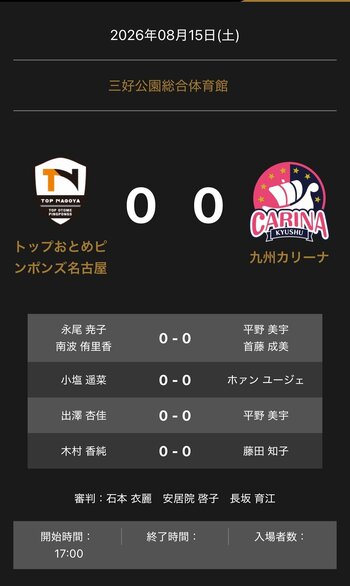 ノジマTリーグ　2026-2027シーズン　公式戦　8月15日開催　トップおとめピンポンズ名古屋 vs 九州カリーナ 　対戦オーダー発表