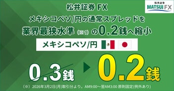 【松井証券 FX】メキシコペソ/円の通常スプレッドを業界最狭水準の0.2銭へ縮小