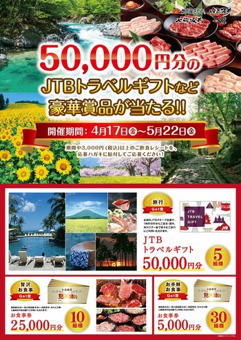 【焼肉屋さかい・肉匠坂井・七輪坂井・カルビ大陸】合同キャンペーン！JTBトラベルギフト50,000円分など豪華賞品が抽選で当たる！春のギフトフェア開催！