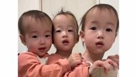1歳のそっくり三つ子 寝室での姿がまるで“修学旅行の女子会”！顔を見合わせ笑いが連鎖する3人に「混ざりたい」「テレパシーですかね？」【激かわキッズ奇跡の瞬間】