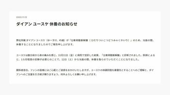 ダイアン・ユースケ「左椎骨動脈解離」のため当面休養へ