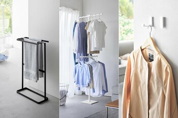 【山崎実業 新商品のお知らせ】 コンパクトに折りたためる室内用の物干しスタンドや、タオルを横からスッと楽に掛けられるスリムなタオルハンガーなど、新商品が発売になりました。