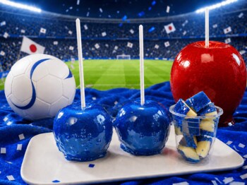 やおりん全店にて、サッカー応援気分を盛り上げる「日本カラーりんご飴」を期間限定販売