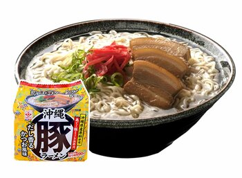 沖縄の老舗　(有)マルタケ食品との共同開発。麺に沖縄県産原料・あぐー豚ミートエキスを練り込んだ「ヒガシフーズ　沖縄丸豚ラーメン5食」が3月より全国発売