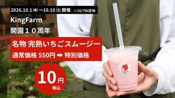 【愛知・西尾】開園10周年！King Farmが通常550円の「完熟いちごスムージー」を10月1日（木）より10円で大放出！10月4日（日）は特別マルシェも開催