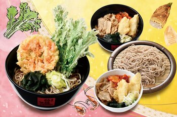 季節のおすすめメニューを月替わりメニューに刷新！３月限定商品「桜海老のミニかき揚げ天と春菊天」、「豚肉とたけのこ天のピリ辛つけそば」を３月１日（日）から発売