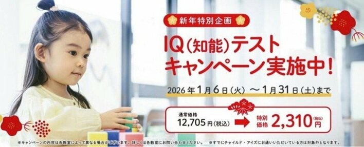 新年特別企画！お子さまの可能性を見出すためのヒントがわかる『IQ（知能）テスト』を限定価格2,310円(税込)で受けられるチャンス！キャンペーンを1月31日(土)まで実施