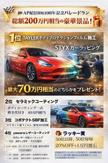 商品総額２００万円　豪華景品発表！！テスラ AP（オートパイロット）運転補助機能の配信開始10周年記念イベント「みんなで地球1周分走ろう」イベント　主催：ポリッシュガレージ