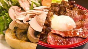 山形県の新グルメは？舟形の巨大マッシュルームのバーガー×“究極の山形牛”どんぶり【FNSご当地うま撮GP】