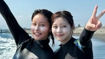 田中美久 王林と人生初のサーフィン満喫！まぶしい笑顔の仲良し腕組みショットや運動神経抜群の波乗り姿が話題に 