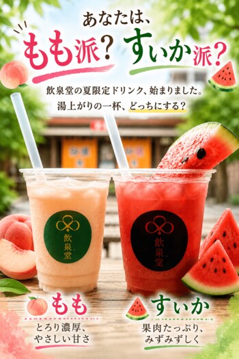 湯上がりに、桃をまるごと一杯。ひょうたん温泉「飲泉堂」、夏限定ドリンク「もも」新登場