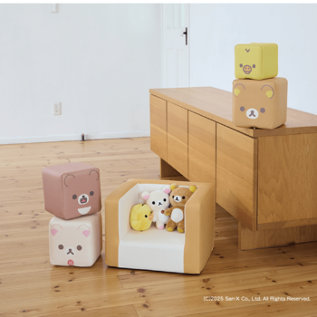 リラックマファンにおススメ！、iebito新商品『キッズチェアクッション』発売 ― 推しのぬいぐるみを飾ってもカワイイ快適アイテム 12/5より受注開始！